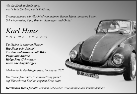 Traueranzeige von Karl Haus von Dill Block