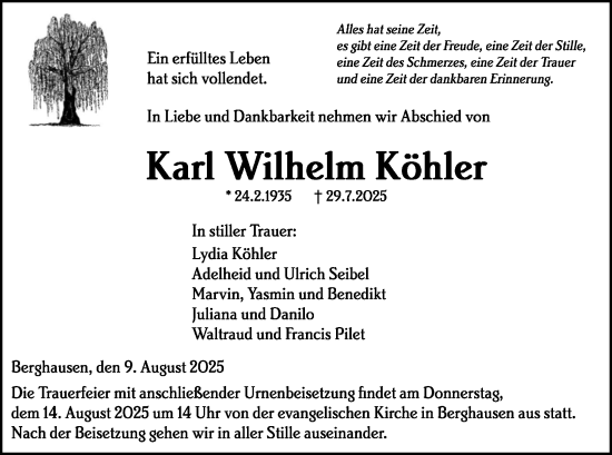 Traueranzeige von Karl Wilhelm Köhler von Wetzlarer Neue Zeitung