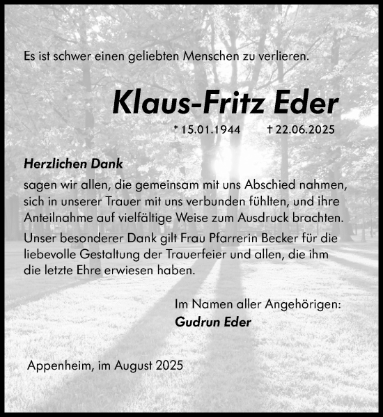 Traueranzeige von Klaus-Fritz Eder von Allgemeine Zeitung Rheinhessen-Nahe