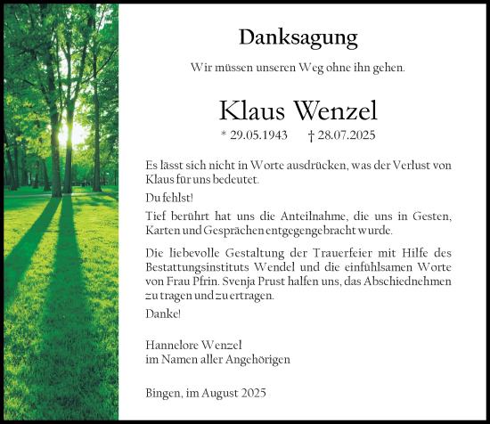 Traueranzeige von Klaus Wenzel von Allgemeine Zeitung Rheinhessen-Nahe