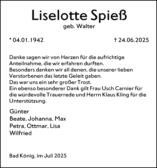 Traueranzeige von Liselotte Spieß von Odenwälder Echo