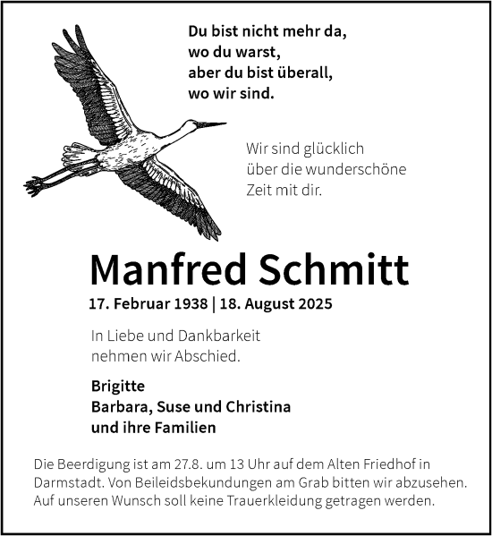 Traueranzeige von Manfred Schmitt von Darmstädter Echo