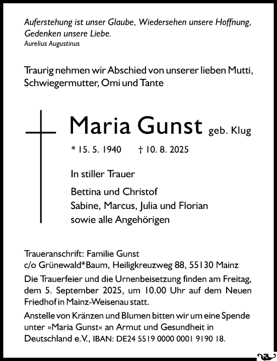 Traueranzeige von Maria Gunst von Allgemeine Zeitung Mainz
