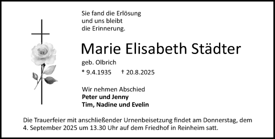 Traueranzeige von Marie Elisabeth Städter von Darmstädter Echo