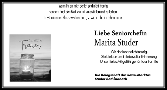 Traueranzeige von Marita Lieselotte Studer von Hinterländer Anzeiger