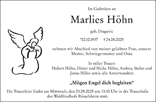 Traueranzeige von Marlies Höhn von Rüsselsheimer Echo