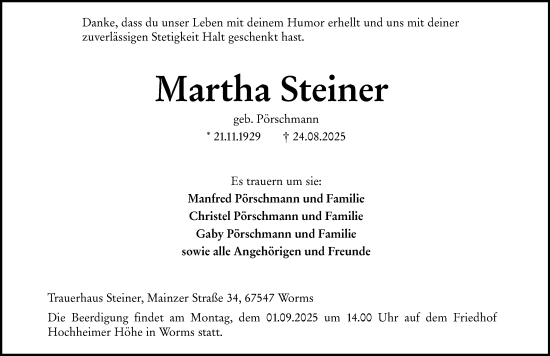 Traueranzeige von Martha Steiner von Wormser Zeitung