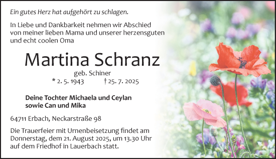 Traueranzeige von Martina Schranz von Odenwälder Echo