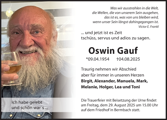 Traueranzeige von Oswin Gauf von Camberger Anzeiger