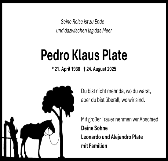 Traueranzeige von Pedro Klaus Plate von Dieburger Anzeiger/Groß-Zimmerner Lokal-Anzeiger
