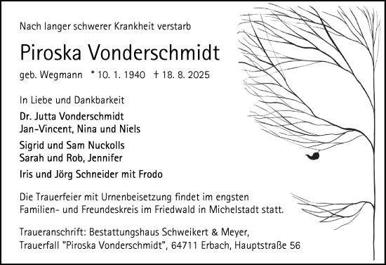Traueranzeige von Piroska Vonderschmidt von Odenwälder Echo