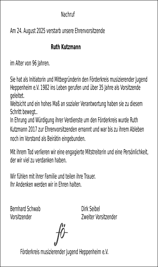 Traueranzeige von Ruth Kutzmann von Starkenburger Echo