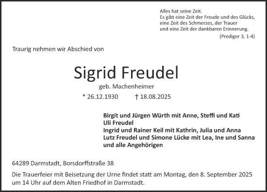 Traueranzeige von Sigrid Freudel von Darmstädter Echo