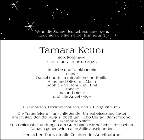 Traueranzeige von Tamara Ketter von Weilburger Tageblatt