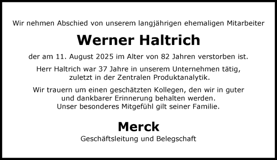 Traueranzeige von Werner Haltrich von Darmstädter Echo