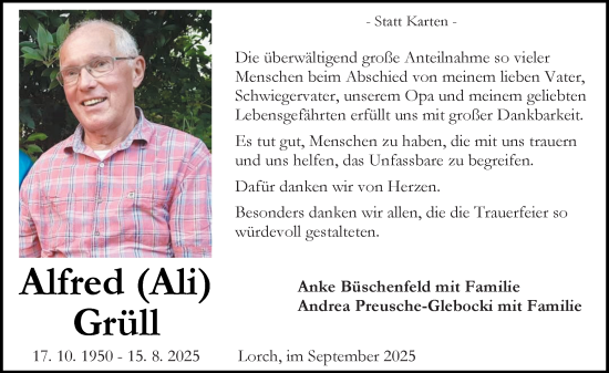 Traueranzeige von Alfred Grüll von Wiesbadener Kurier
