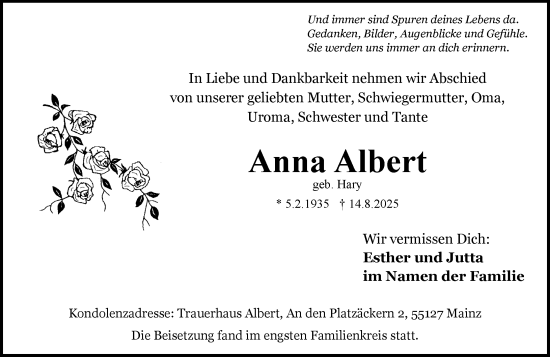 Traueranzeige von Anna Albert von Allgemeine Zeitung Mainz