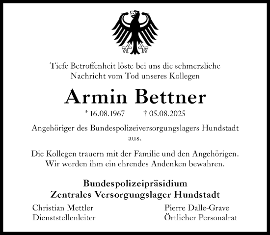 Traueranzeige von Armin Bettner von Weilburger Tageblatt