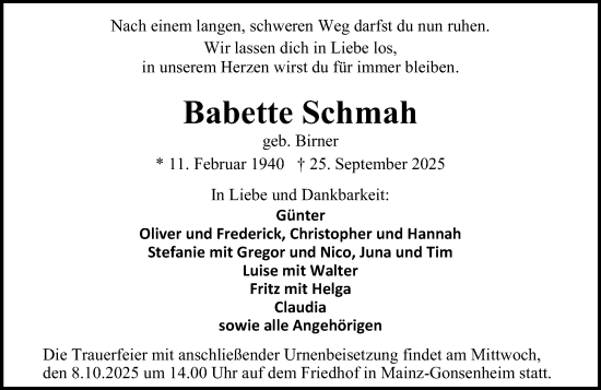 Traueranzeige von Babette Schmah von Allgemeine Zeitung Mainz