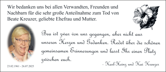 Traueranzeige von Beate Kreuzer von Rüsselsheimer Echo