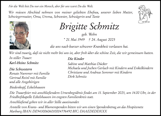Traueranzeige von Brigitte Schmitz von Hinterländer Anzeiger
