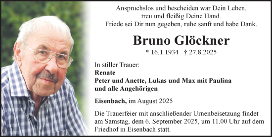 Traueranzeige von Bruno Glöckner von Camberger Anzeiger