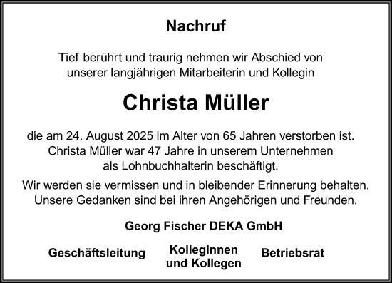 Traueranzeige von Christa Müller von Hinterländer Anzeiger