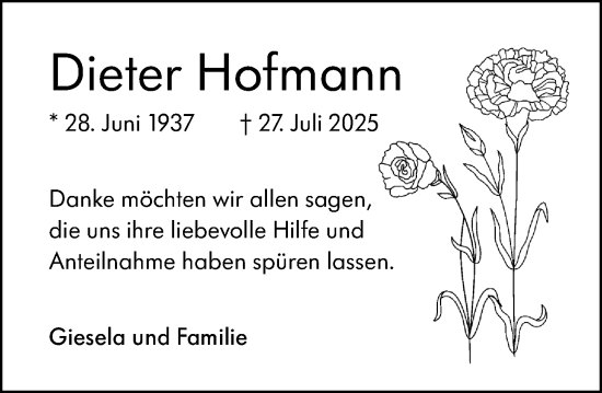 Traueranzeige von Dieter Hofmann von Wetzlarer Neue Zeitung