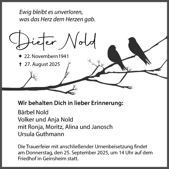 Traueranzeige von Dieter Nold von Groß-Gerauer Echo