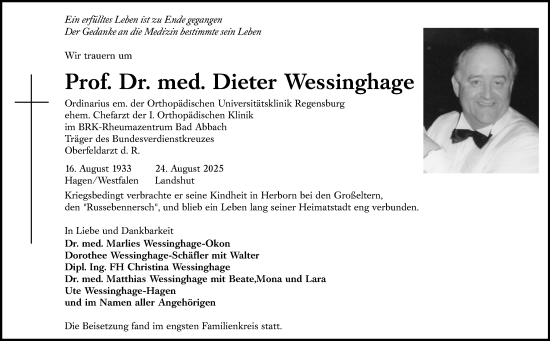 Traueranzeige von Dieter Wessinghage von Dill Block