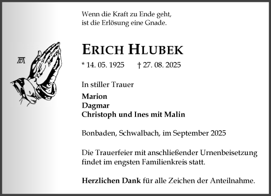 Traueranzeige von Erich Hlubek von Wetzlarer Neue Zeitung