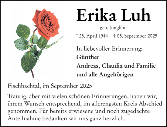Traueranzeige von Erika Luh von Darmstädter Echo