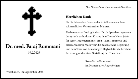 Traueranzeige von Faraj Rummani von Wiesbadener Kurier