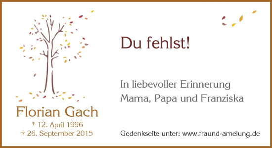 Traueranzeige von Florian Gach von Wiesbadener Kurier