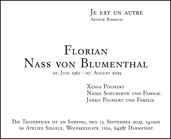 Traueranzeige von Florian Nass von Blumenthal von Darmstädter Echo