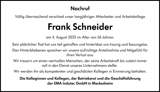 Traueranzeige von Frank Schneider von Odenwälder Echo
