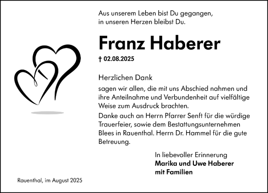 Traueranzeige von Franz Haberer von Wiesbadener Kurier