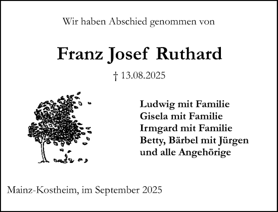 Traueranzeige von Franz Josef Ruthard von Allgemeine Zeitung Mainz