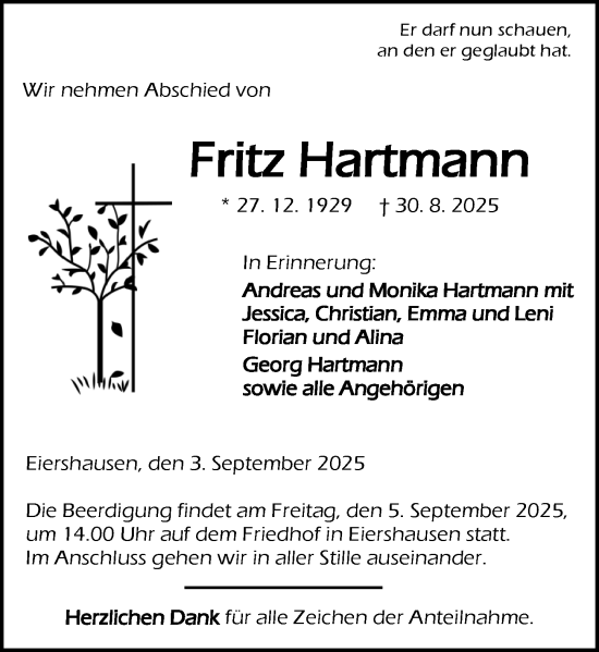 Traueranzeige von Fritz Hartmann von Dill Block