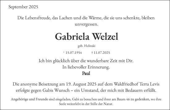 Traueranzeige von Gabriela Welzel von Wiesbadener Kurier