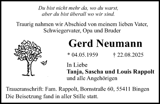 Traueranzeige von Gerd Neumann von Binger-/Ingelheimer Wochenblatt