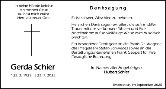 Traueranzeige von Gerda Schier von Dill Block