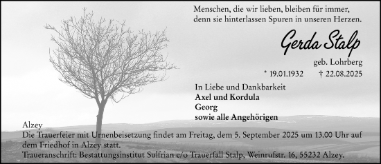 Traueranzeige von Gerda Stalp von Allgemeine Zeitung Alzey
