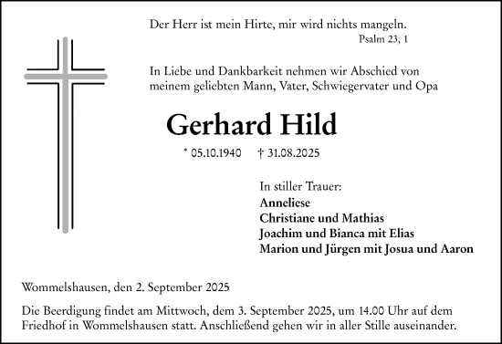 Traueranzeige von Gerhard Hild von Hinterländer Anzeiger
