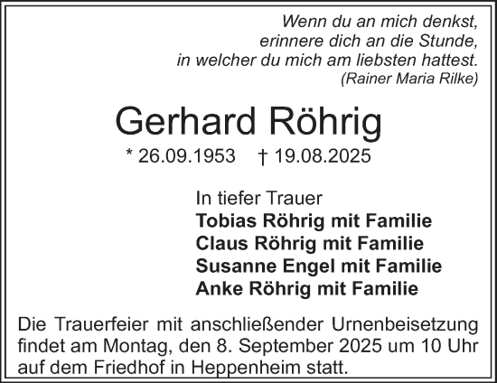 Traueranzeige von Gerhard Röhrig von Starkenburger Echo