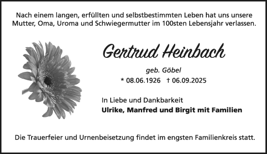 Traueranzeige von Gertrud Heinbach von Darmstädter Echo