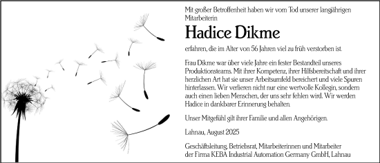Traueranzeige von Hadice Dikme von Wetzlarer Neue Zeitung