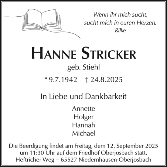 Traueranzeige von Hanne Stricker von Wiesbadener Kurier