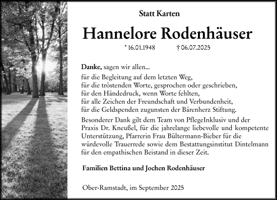 Traueranzeige von Hannelore Rodenhäuser von Darmstädter Echo