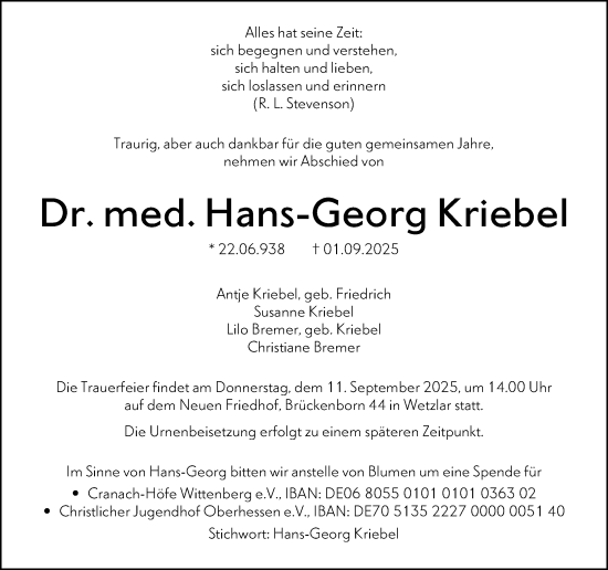 Traueranzeige von Hans-Georg Kriebel von Wetzlarer Neue Zeitung
